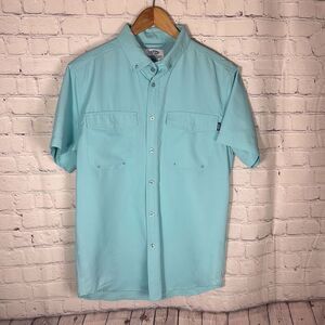 AFTCO Fishing Shirt Mens Size S Small  Short Sleeves Button Front Blue Turquoise
